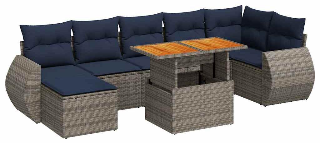 Loungeset, 8-teilig, Grau, aus Poly-Rattan - Inklusive Kissen - 8 Sitzplätze - Aus PE-Rattan und Stahl - Für Garten und Terrasse