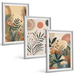 BILDER SET 3er Set - 40x60 cm Silberner Rahmen - Pflanzenmotive in gedeckten Farben