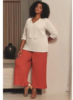 Plus Size Women's Knit Gauze Peasant Tunic by Avenue in Ivory (Size 20)