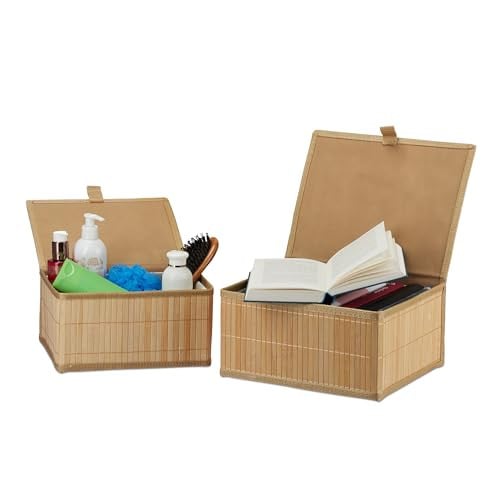Relaxdays Opbergmanden bamboe met deksel, set van 2, beige