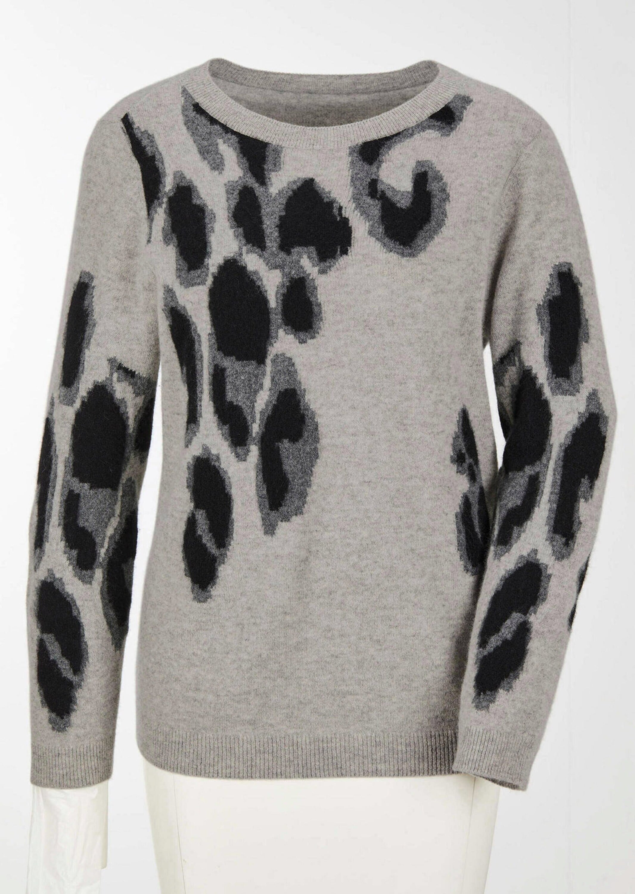 Rundhalspullover GOLDNER "Kurzgröße Langarm Strickpullover im Leo-Design", Damen, Gr. 24, grau (grau, gemustert), Obermaterial: 100% Kaschmir WS., Modisch, U-Boot-Ausschnitt, Pullover Rundhalspullover, Leo-Look