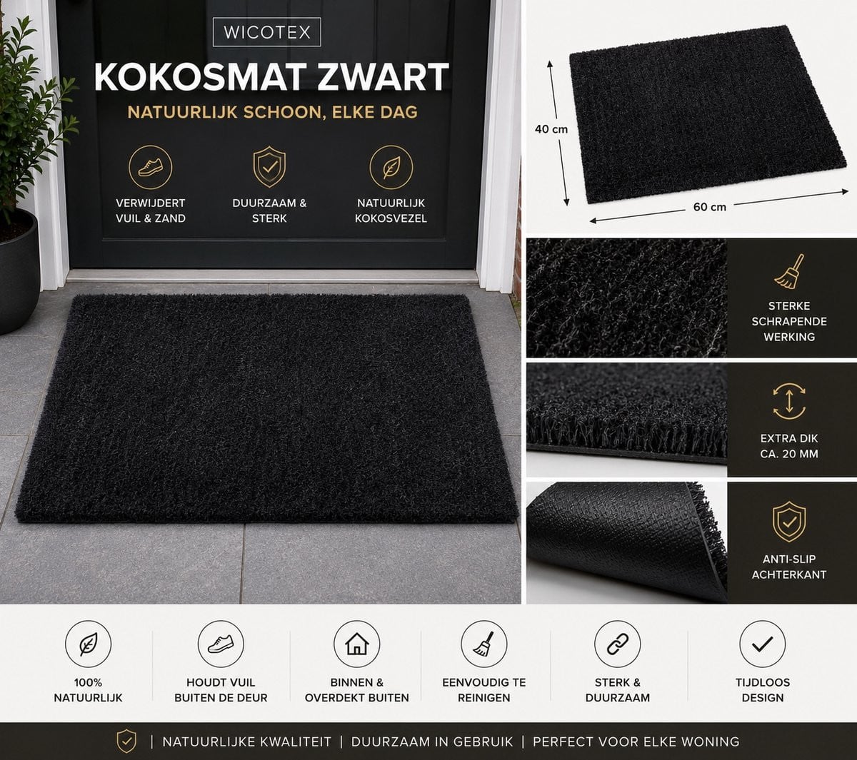 Wicotex Deurmat Kokosmat Schoonloopmat - Zwart - 40 x 60 cm