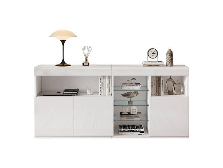 Flieks Sideboard LED Hochglanz 3 Türen Glasfächer Weiß 155,5cm modern, 35x72x155.5 cm, Kleinmöbel, Kommoden, Sideboards