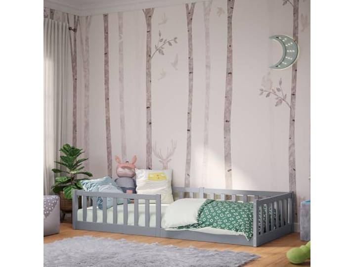 Bellabino Vere Bodenbett 90x200cm, Massivholz Kiefer, Bett in Hellgrau Montessori Kinderbett mit Rausfallschutz & Lattenrost, Massivholzbett für Jungen & Mädchen aus Holz Kiefer, Kleinkindbett