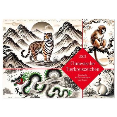 Chinesische Tierkreiszeichen - Kunstvolle KI-Tuschemalerei des Ostens (Wandkalender 2027 DIN A3 quer), CALVENDO Monatskalender
