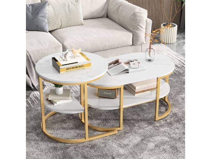 Ensemble de tables basses lot de 2 gigognes dorées aspect marbre tables rondes et ovales or et blanc