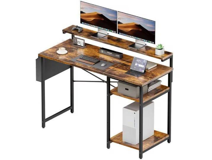 Bureau Petit Espace aver LED 120 x 48 cm Petit Bureau Ordinateur avec Support de Moniteur Étagères et Sac de Rangement Marron