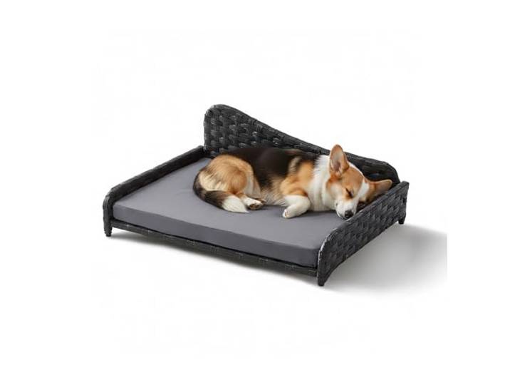 Relaxdays Lit/Canapé pour Chien en rotin synthétique PE\, L 25x63x46 cm\, surélevé avec Coussin\, ext./int.\, Gris