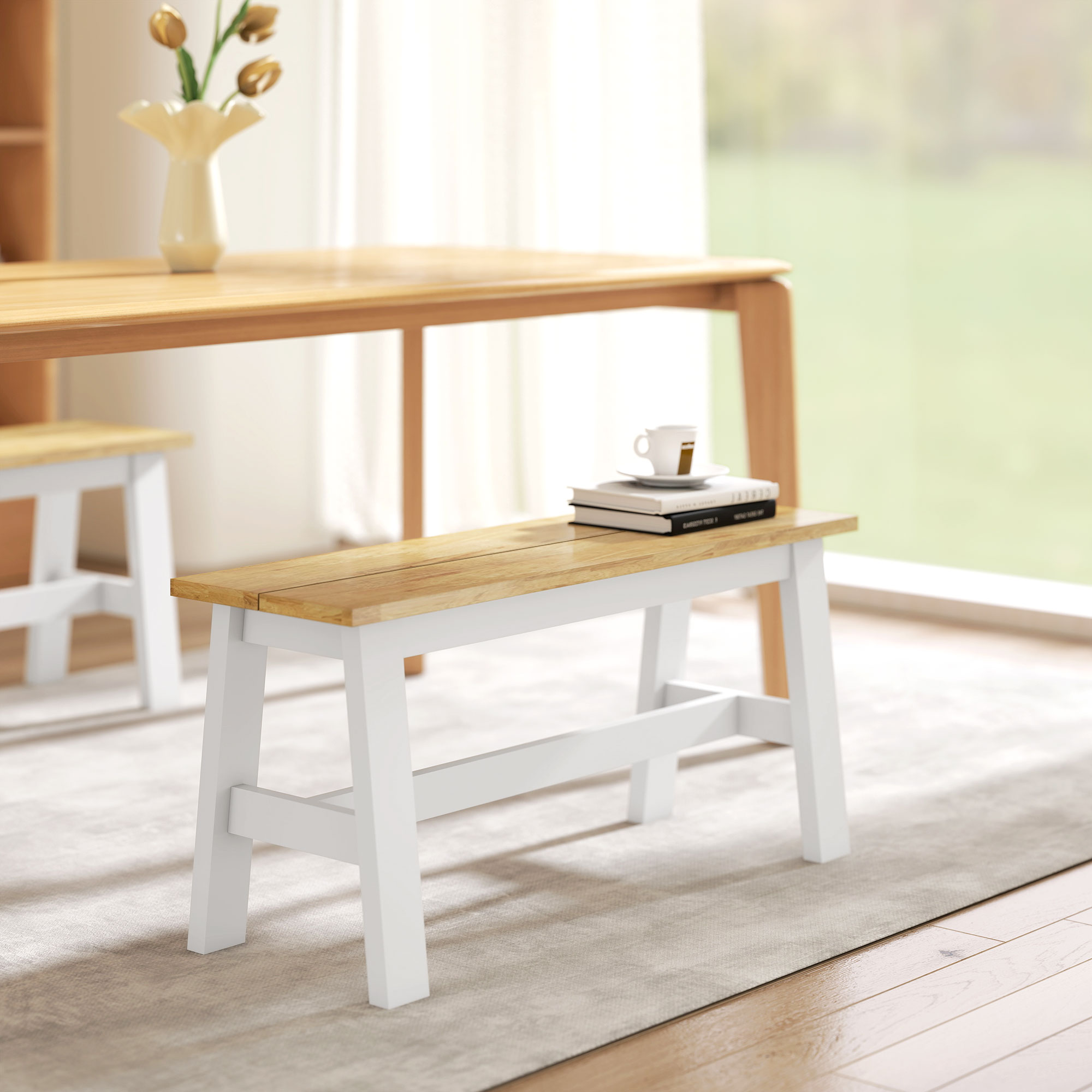 Homcom Panca per 2, Panca in finitura quercia, traversa stabilizzante, per Soggiorno, Sala da Pranzo, Ingresso, Legno di gomma, Bianco   Aosom Italy