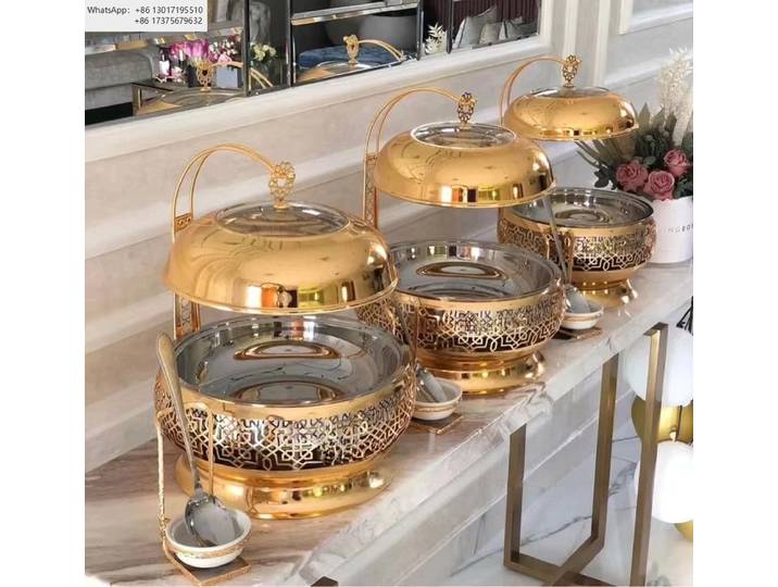 Plats de frottement ronds suspendus en or de luxe, équipement de Buffet de mariage d'hôtel, plats pour restauration, Restaurant, chauffage des aliments