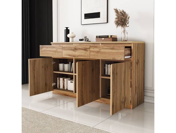 LPOSPI Buffet en bois naturel avec 3 portes 3 tiroirs - 135x40x81 cm - pour salon ou entrée