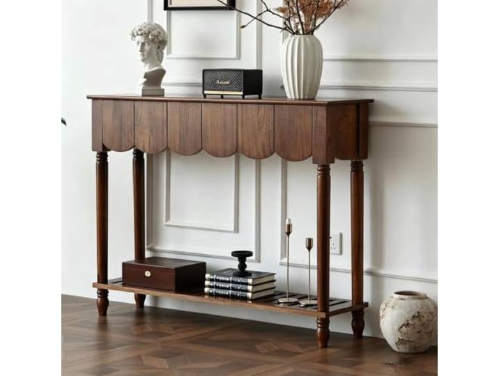 Massivholz‑Konsolentisch mit Schubladen, moderner Eingangs‑Sofatisch Massivholzrahmen, grifflose Schubladen, multifunktionale Ablage, matte Oberfläche(Walnut,118x32 cm/46.5x12.6 in)