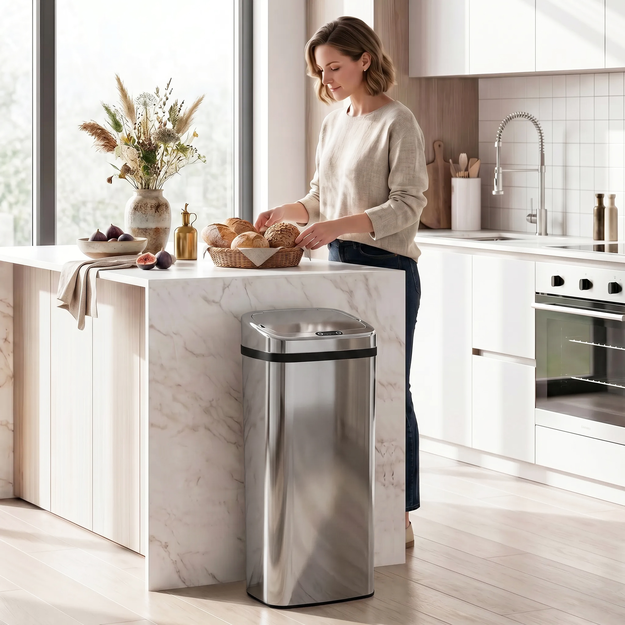 Homcom Cestino dei Rifiuti Rettangolare in Acciaio Inox con Sensore a Infrarossi, 50L Aosom