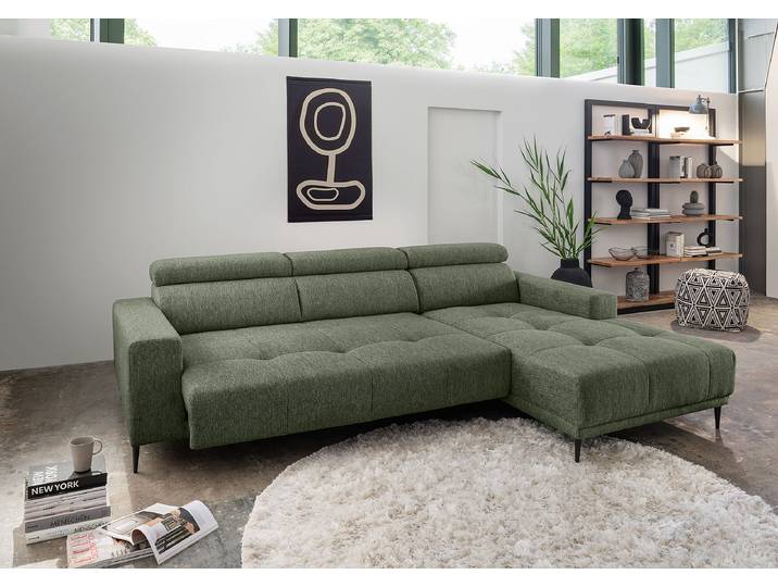 Ecksofa mit Sitztiefenverstellung Grün Webstoff Jimin 276 x 95 x 188cm Longchair davorstehend rechts Modern