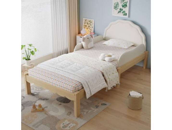 BXEYXE Kinder Polsterbett Einzelbett, PU-Kopfteil, seitliche Geländer, Stabiler Lattenrost, Holzrahmen, kindgerechtes Design, Beige, 90x200cm