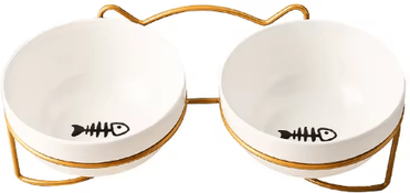 Inspire Picks ComfortLift Ceramic Pet Bowl Raised 500ML Feeding Dish For Cats, Kittens & Puppies gold Stand Double B