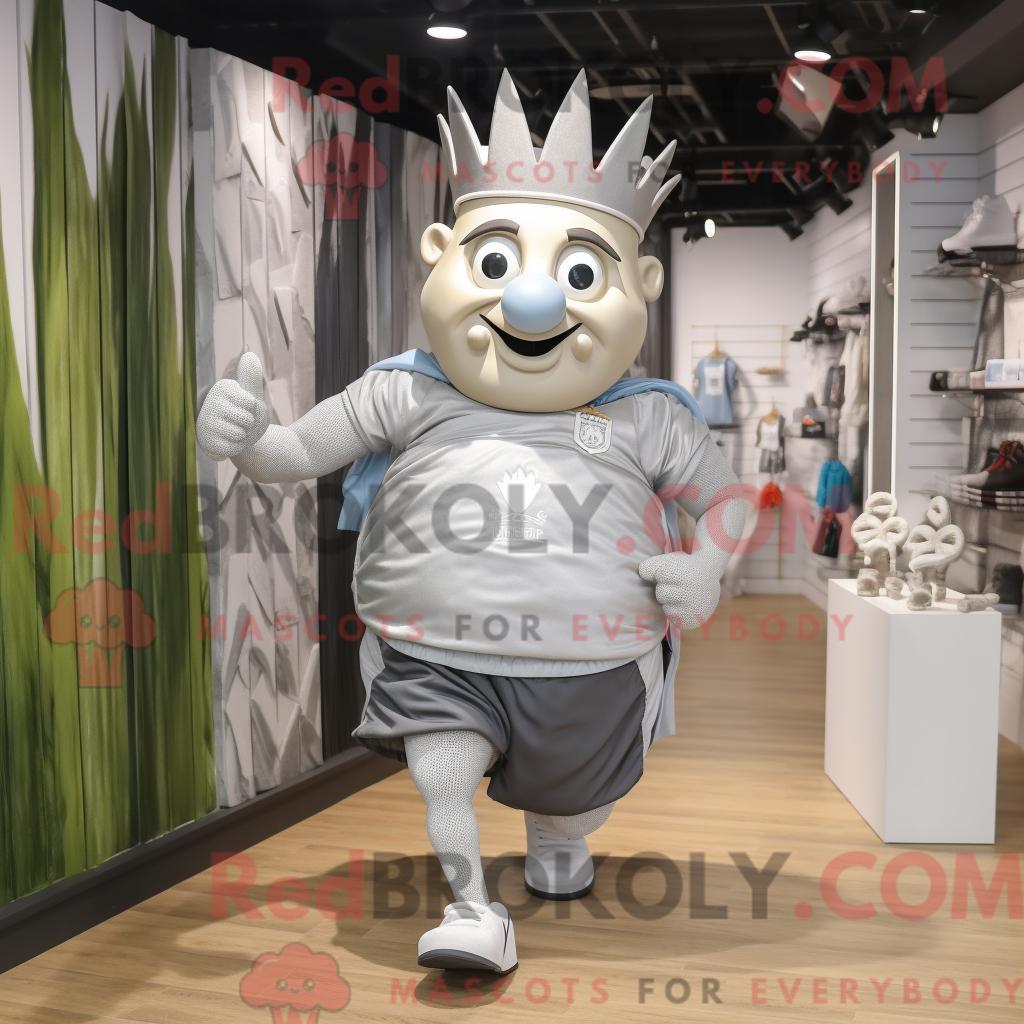 Maskottchenfigur REDBROKOLY eines Silberkönigs mit Laufshorts und Handtasche