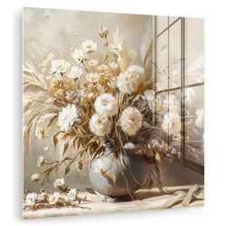 ACRYLGLASBILD Blumen - Vase - Stilleben - Beige 50x50 cm