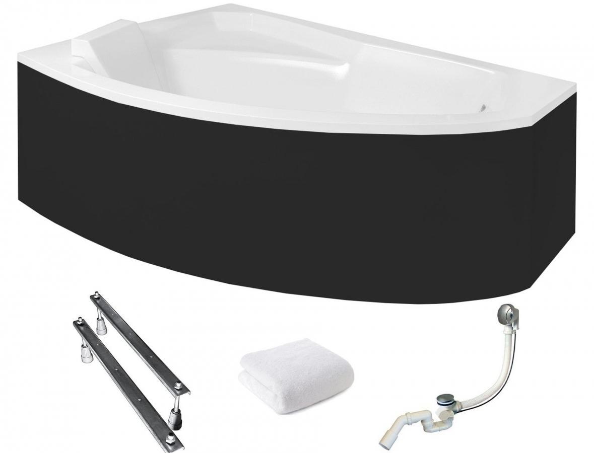 Aqua For You | Asymmetrische Badewanne Rima Links - 130x85 Cm - Antibakterielle Beschichtung - Schwarze Verkleidung - Eckbadewanne - Acryl