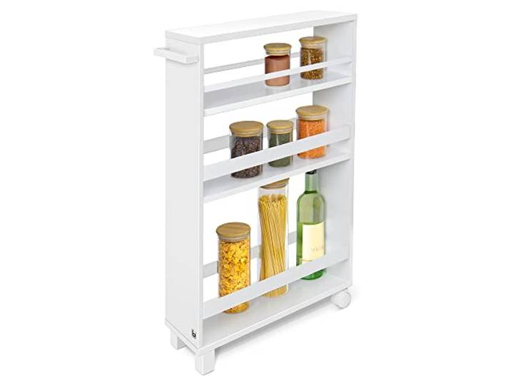 bomoe Nischenregal 15cm breit Küchenwagen Rollwagen Schmal mit 3 Fächer 79x50cm Weiß Küchenregal Nischenschrank Küche Bad Büro Bathroom Cart Nischenwagen Arbeitsplatte Rollen Badregal Hylla