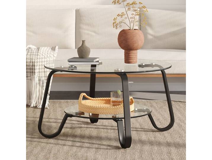 Table Basse Ronde Verre Trempé Noir Table Basse Industrielle FloraGrace Pour Salon Avec Notice De Montage 80x80x45cm