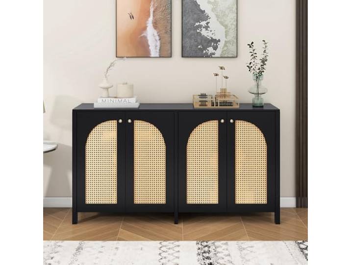 Merax Modernes Sideboard,vielseitiger Buffetschrank,Schließfach,Anrichte mit 4 Rattantüren und Metallgriffen,für Esszimmer, Wohnzimmer & Küche, Schwarz