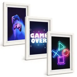 BILDER SET 3er Set - 20x30 cm Weißer Rahmen - Game Over Gamepads
