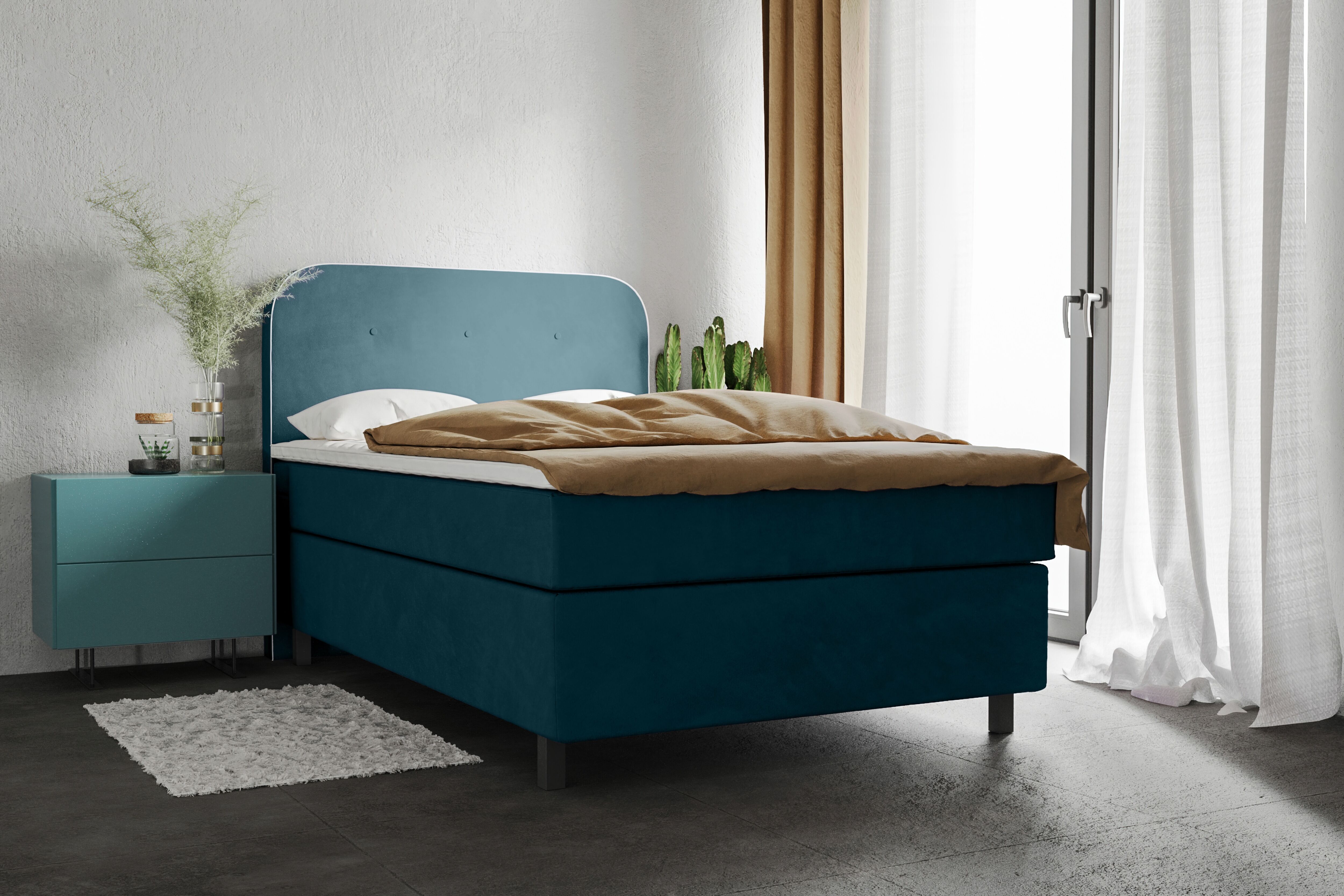 Boxspringbett HOME AFFAIRE "Marausa", blau, B:121cm L:208cm, 100% PES, Komplettbetten, Boxspringbett, mit Taschen-Federkernmatratze, mit dekorativer Kedernaht