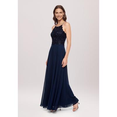 Abendkleid VERA MONT "Damen rückenfrei", Damen, Gr. 38, Normalgrößen, blau (night sky), Stoff, Obermaterial: 100% Polyester. Besatz: 100% Polyamid. Futter: 100% Polyester, festlich, Basic schmal lang, Neckholder, Kleider Abendkleid, Spitze