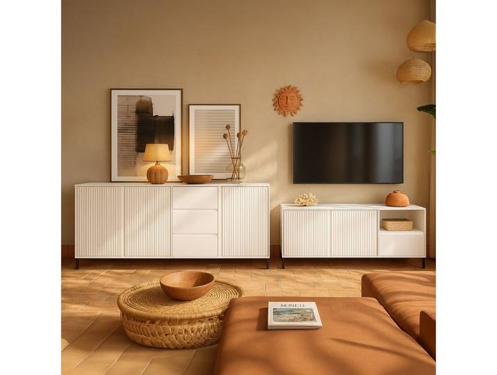 Lomadox Wohnwand AMELIA-129, (2-St., Lowboard Sideboard), Sideboard Lowboard weiß Rillen