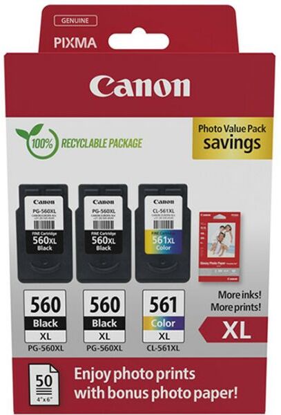 Canon PG-560 + PG-560 + PG-561 photo value pack (PG-560XL) - Noir + 3 couleurs - Cartouche d'encre - Multipack Noir + 3 couleurs