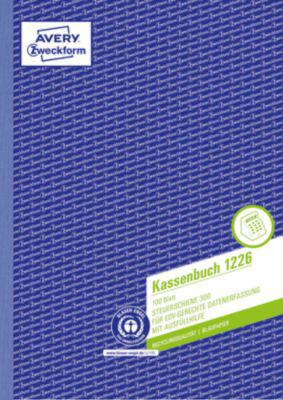 Avery® Zweckform Kassenbuch 1226, Format A4, DATEV-konform, mit Ausfüllhilfe & 1 Blatt Blaupapier, perforiert & gelocht, Blauer Engel, weiß, 100 Blatt