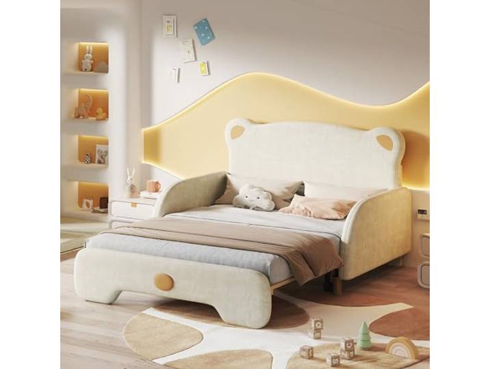Ball & Cast Polsterbett (140x110cm&140x200cm) in Bärenform, Velvet Fabric Daybed Ausziehbetten mit Weichen Schutzkanten und Holzlatten, Beige