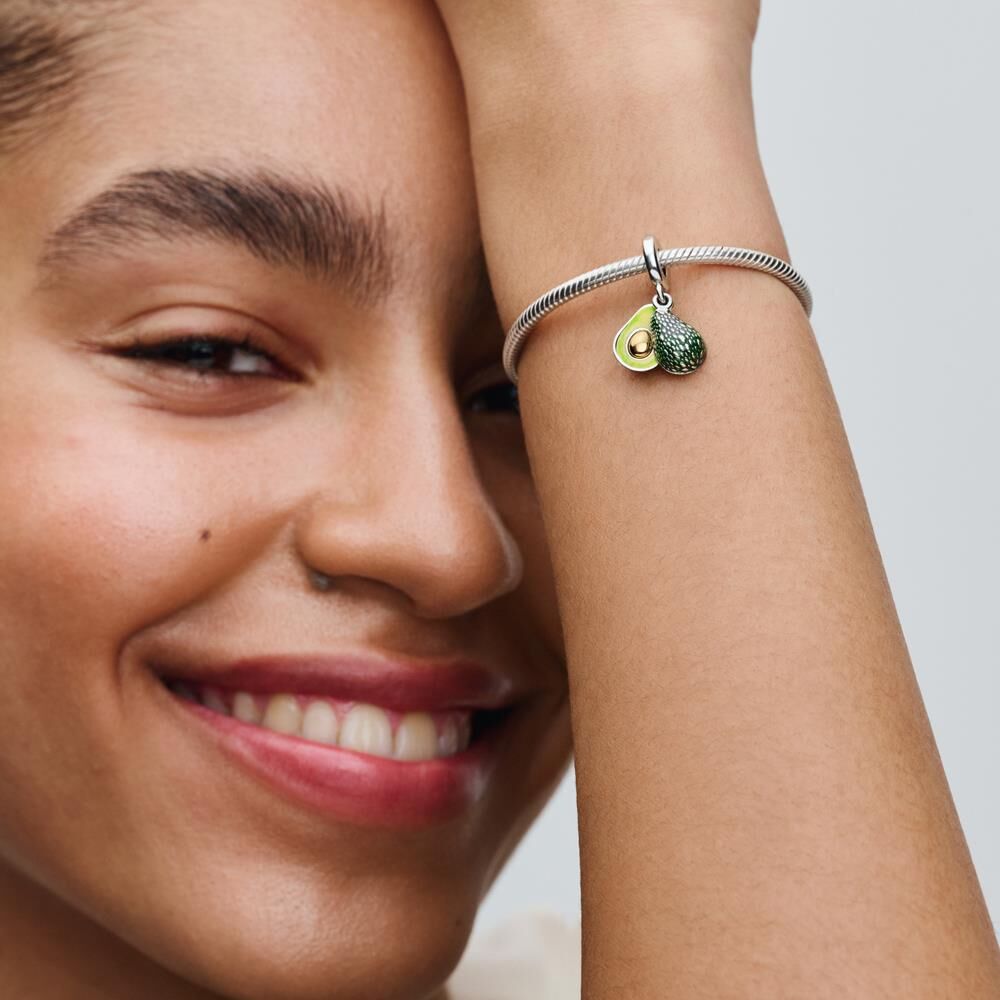 PANDORA Avocado Doppelter Charm-Anhänger, 925er Silber, Emaille grün