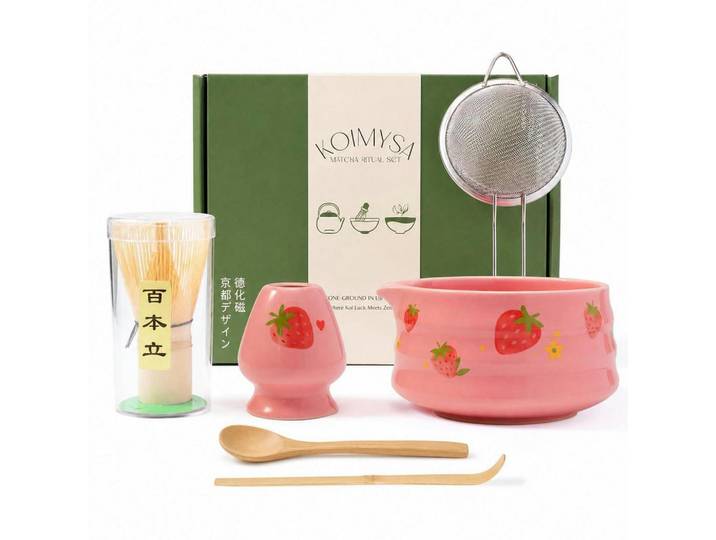 Matcha Set 5-teiliges Set Erdbeermuster Rosa, Keramik, 6.6x1x13.9 cm, Geschirr, Kannen & Karaffen, Kaffeezubehör & Teezubehör