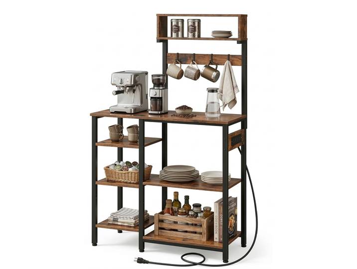 Relaxdays Küchenregal mit Steckdose & USB, HBT: 151x82x40 cm, Mikrowellen-Regal, Holzoptik, offen, Metall, braun/schwarz