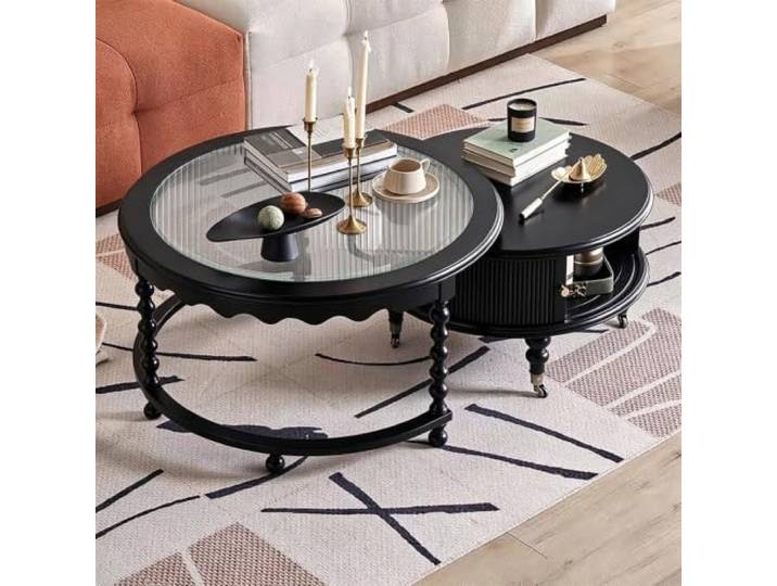 Runde Couchtisch-Garnitur aus Massivholz, Amerikanischer Vintage-Stil Massivholzgestell, Glasplatte, Stauraum auf zwei Ebenen, Rollen, Satztisch-Design, Möbel für kleine Räume, Wohnzimmer