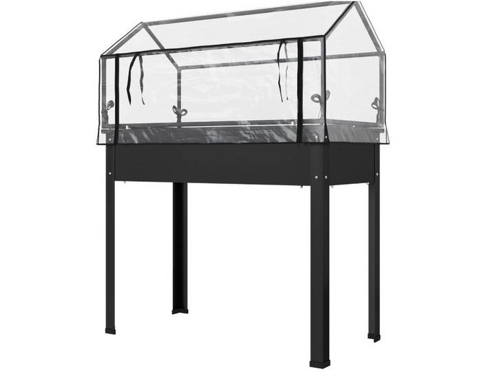 Modfu Hochbeet aus Metall 100x48x124cm mit Gewächshausabdeckung, Schwarz, 48x124x100 cm, Gartenzubehör, Hochbeete