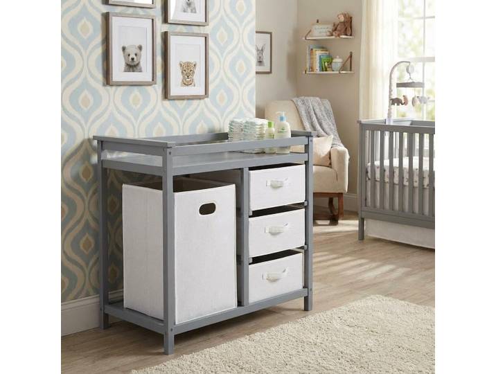 Table à langer en bois, commode moderne pour bébé avec panier à linge, table à langer, panier à 3 tiroirs et matelas à langer pour bébé nouveau-né nourrisson