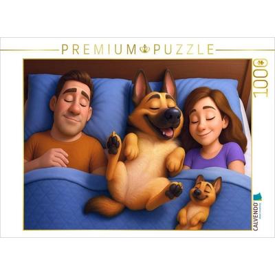 CALVENDO Puzzle Familienfrieden - Schäferhund schläft im Bett | 1000 Teile Lege-Größe 64x48cm Foto-Puzzle für glückliche Stunden