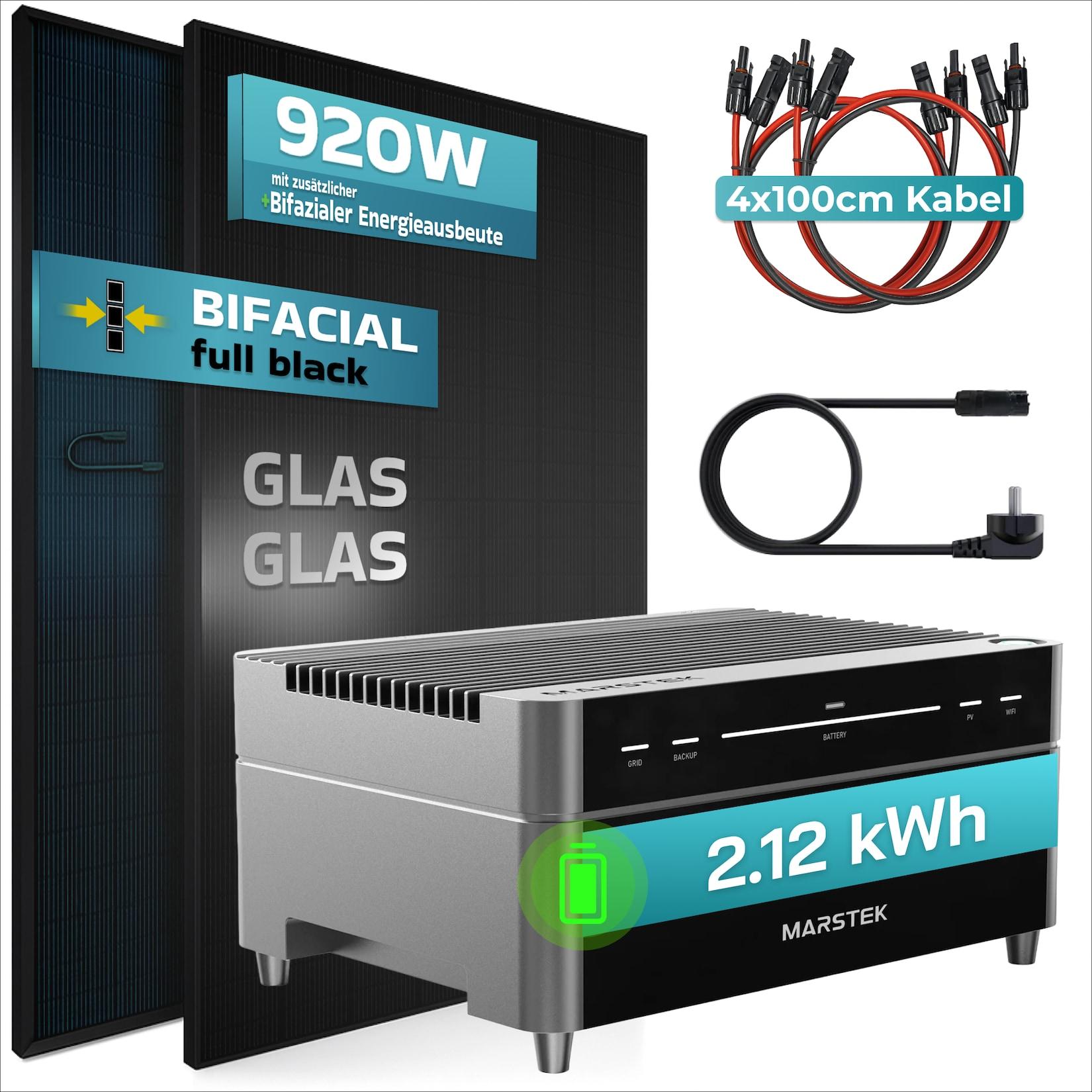 SUNNIVA® 920W Balkonkraftwerk mit 2,12 kWh Speicher Marstek Venus A & 800W Wechselrichter, BIFAZIAL FULLBLACK komplett Steckdose, PV Solaranlage Komplettset Solarspeicher, 2x460W N-Type Glas