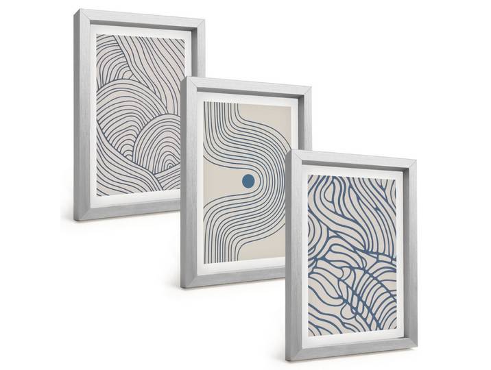 BILDER SET 3er Set - 20x30 cm Silberner Rahmen - Abstrakte Linien, Wellenformen
