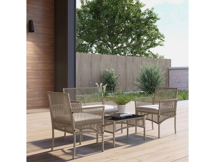 Outsunny Salon Jardin 4P Canapé 2 Places, Fauteuils, Table Verre