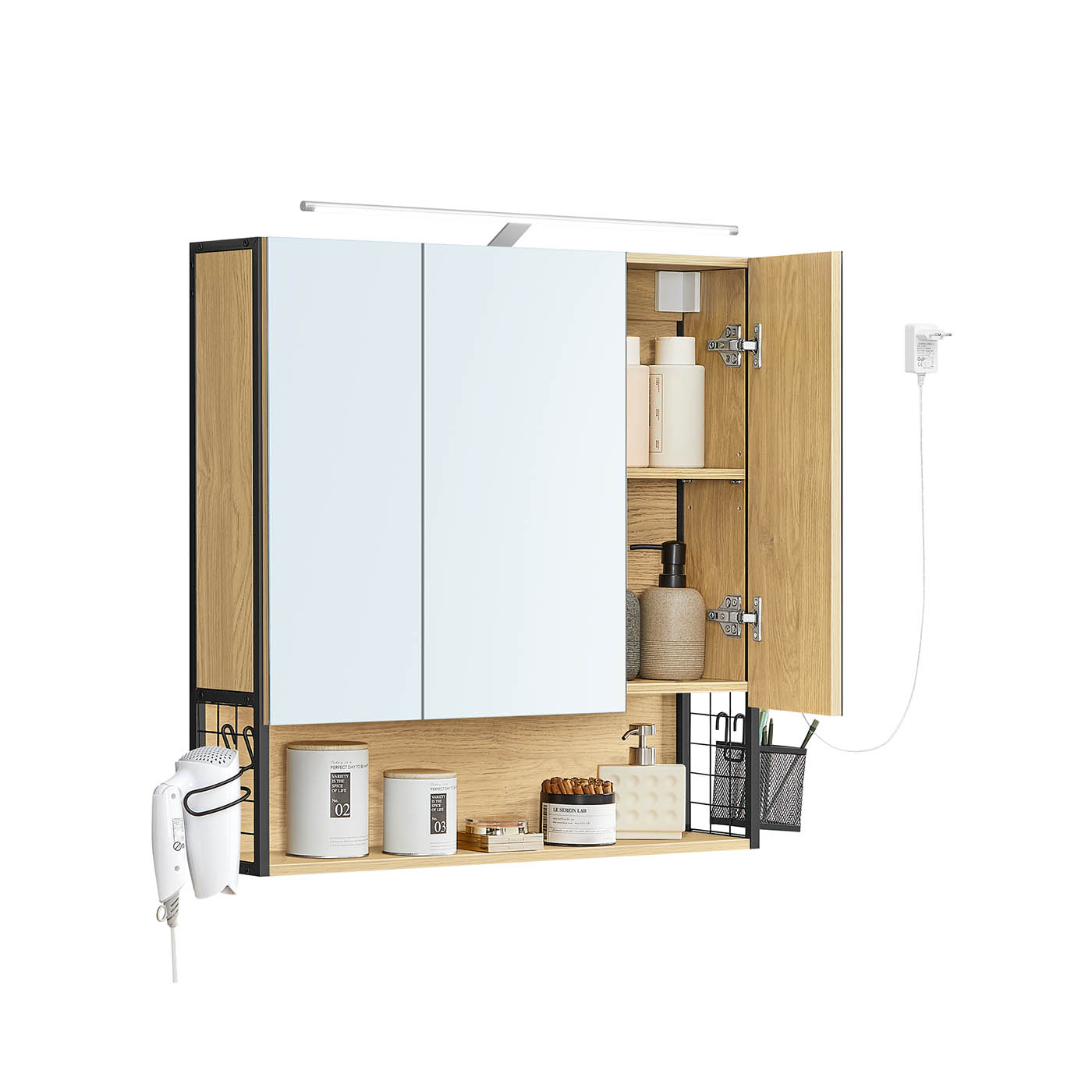 VASAGLE Badezimmerschrank mit LED-Beleuchtung 14,5 x 70 x 70 cm natureichenfarben BBK124Y01