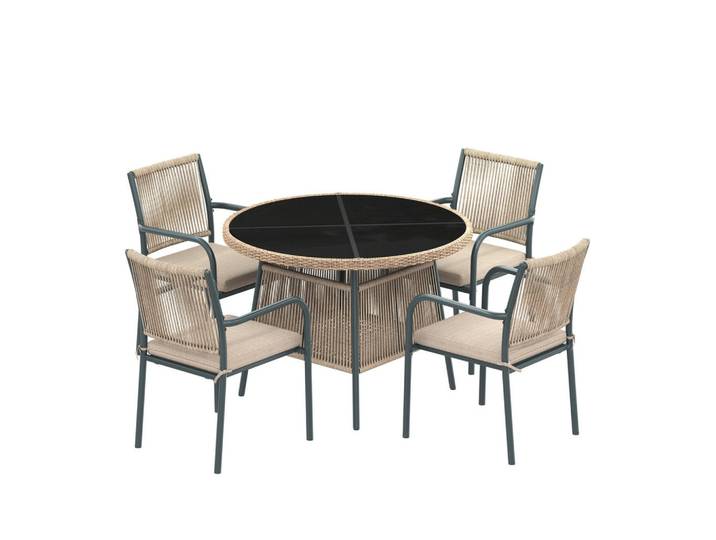 Flieks Gartenmöbelset Rattan 4 Stühle Glastisch Balkon Terrasse, Grau, Metall, Gartenmöbel, Gartengarnituren, Gartenmöbel-Sets