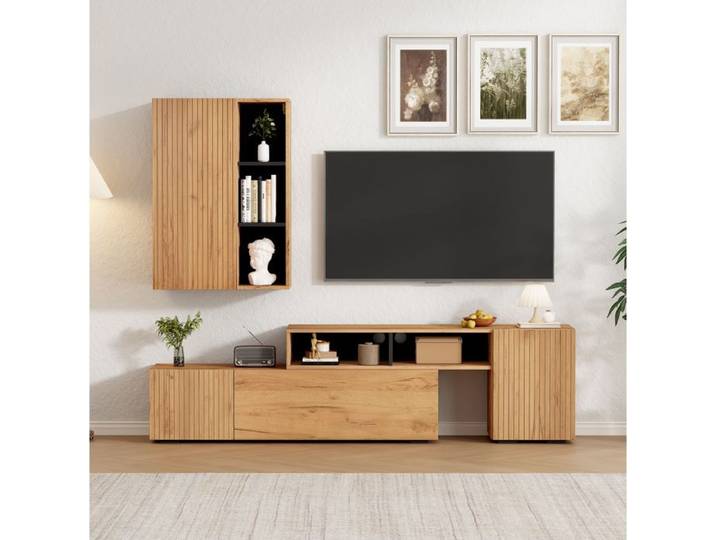 Meuble TV Mural 2 Pièces Chêne Et Noir Ensemble Salon Réglable FloraGrace Pour Salon Longueur Réglable 174-265x35x89 5cm