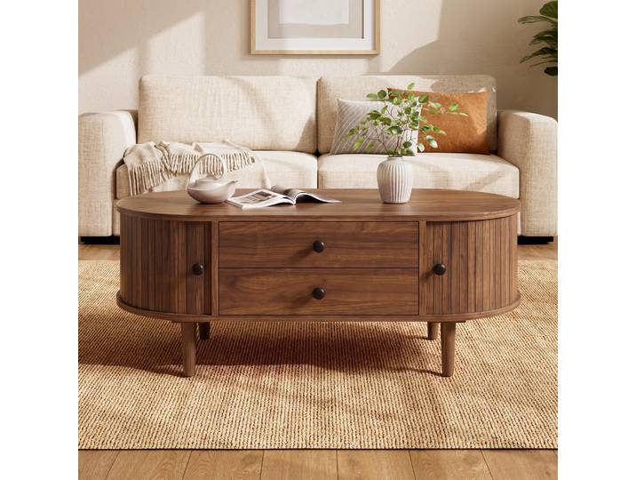 STILVORA Couchtisch oval mit vertikalen Leisten und Schiebetüren, Wohnzimmertisch mit 2 Schubladen, Beistelltisch aus MDF