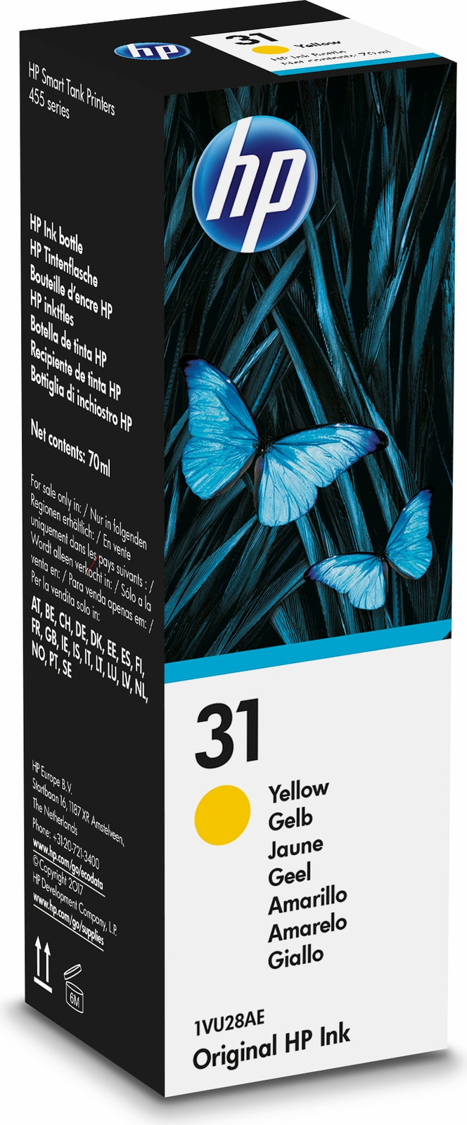 HP 31 Original Inkt voor HP Smart Tank 455, 457, 513, Plus 555, Plus 559, Plus 570, Plus 655, Geel, 70 ml