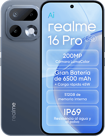 realme 16 Pro, Grey, 512 GB, 8 GB RAM, 6.78" AMOLED de 144Hz, Dimensity 7300-Max 5G, 6.500 mAh