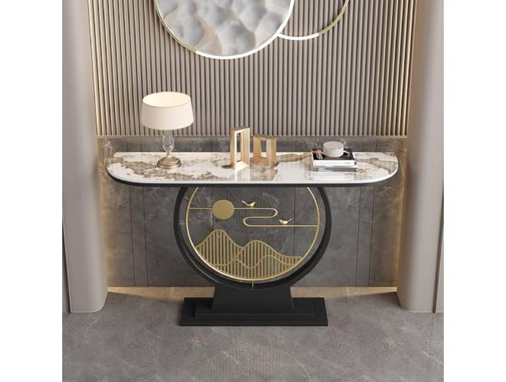 Halbmond Konsolentisch mit Steinplatte, Metallrahmen, Eingangstisch Halbmond-Design, Steinoptik-Platte, Metallgestell, schmaler Konsolentisch für Flur, Eingang und Wohnzimmer